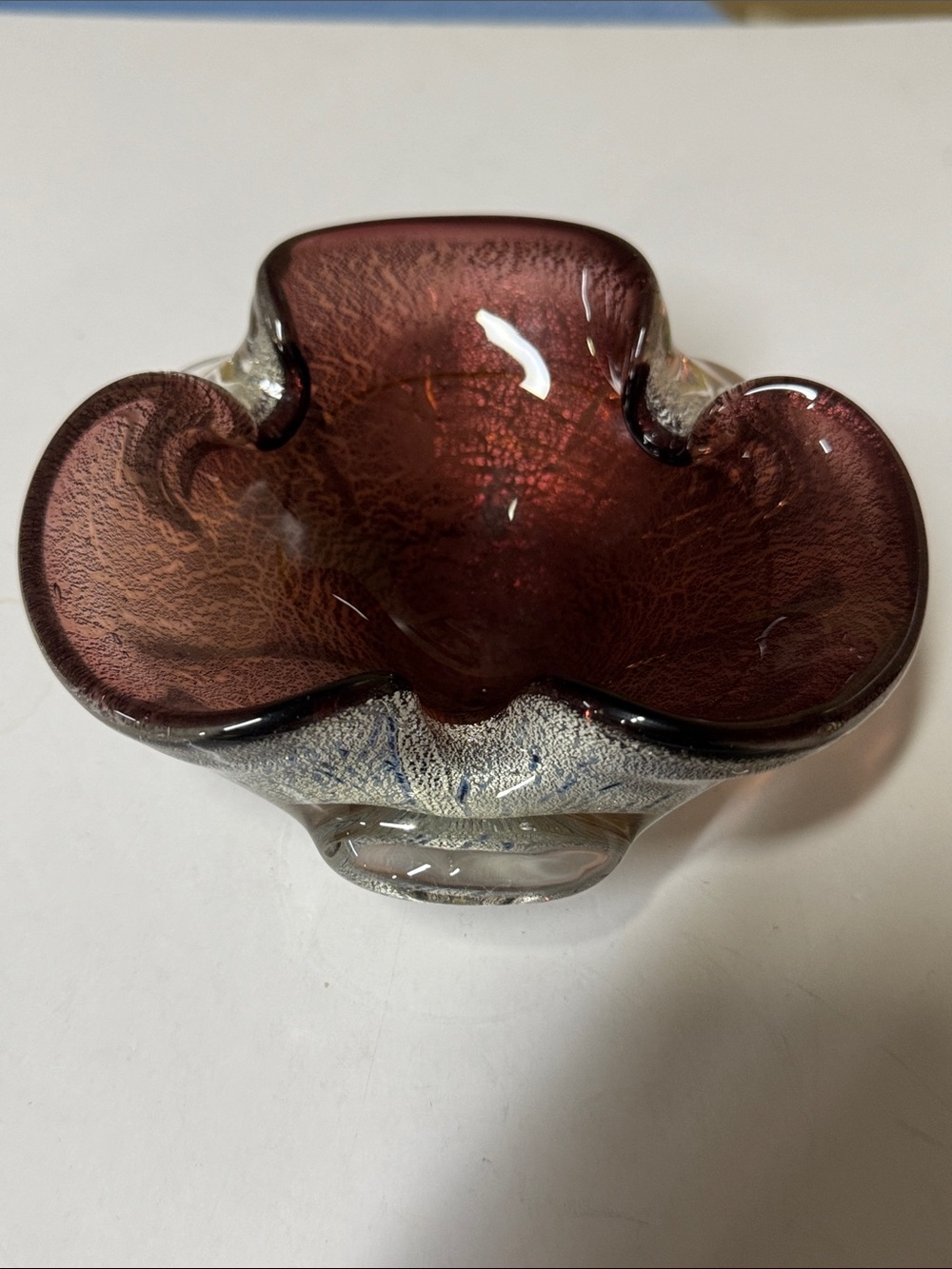 Murano Seguso Art Glass Bowl Ashtray Purple w/ Silver Flecks Handblown 5.5”